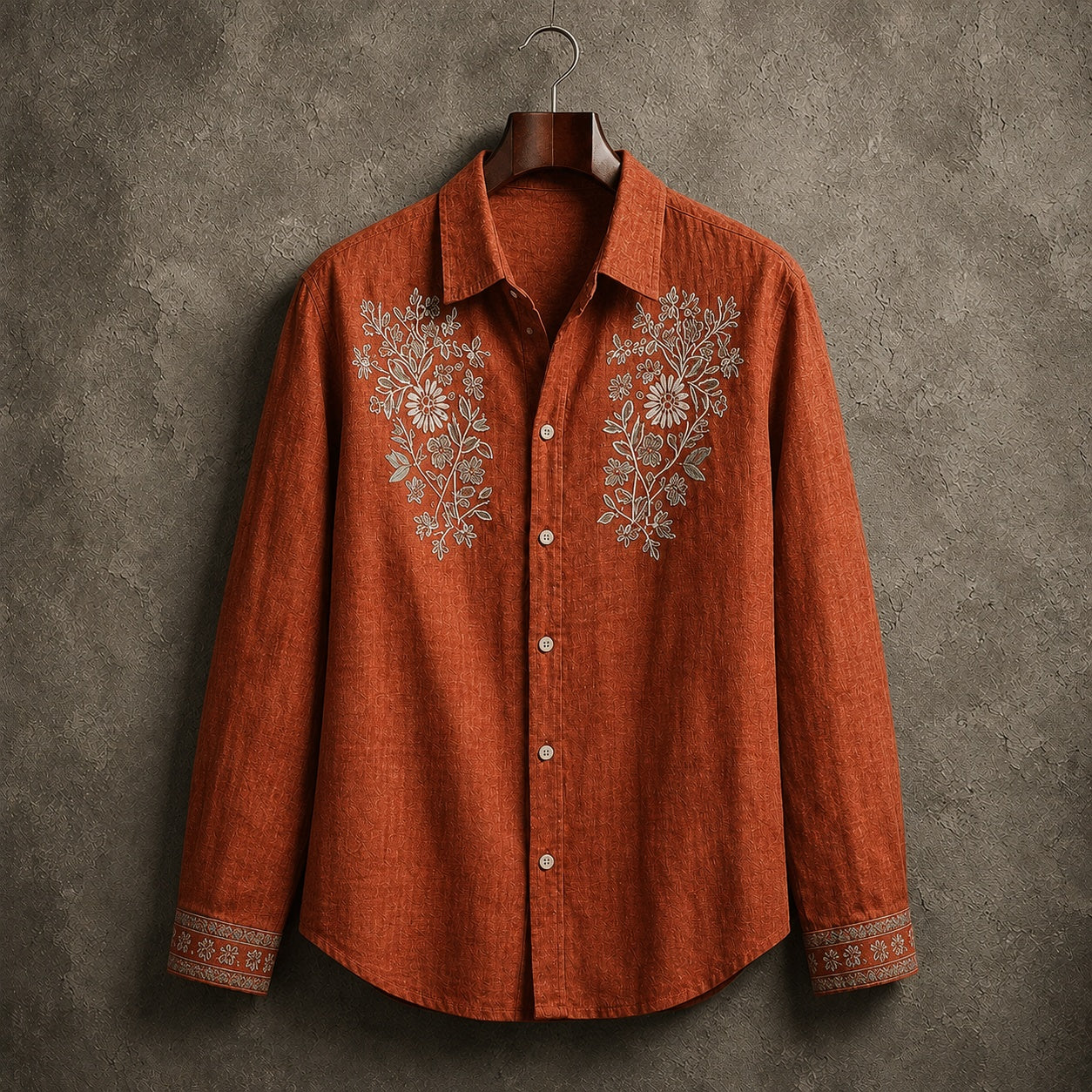 Arnau | Camisa de Lino de Manga Larga Hombre Bordado Floral