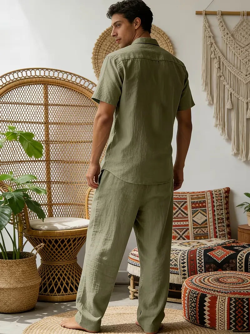 Rodrigo | Conjunto de Lino Casual Hombre Camisa Manga Corta Pantalón Largo