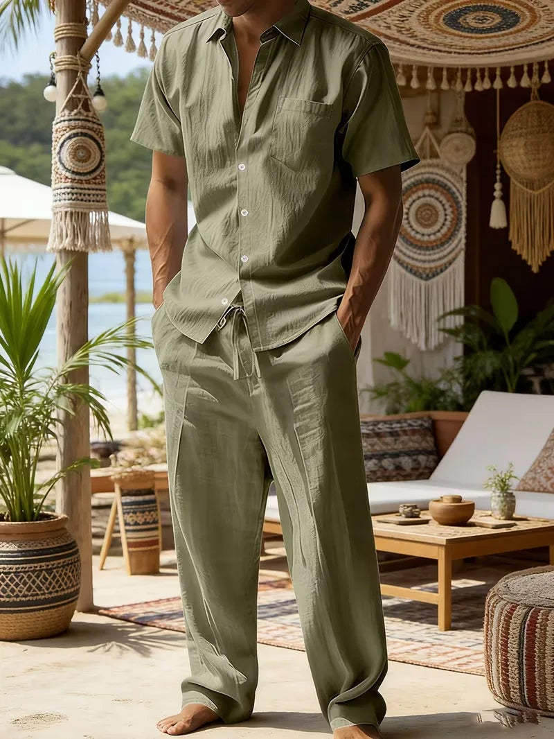 Rodrigo | Conjunto de Lino Casual Hombre Camisa Manga Corta Pantalón Largo