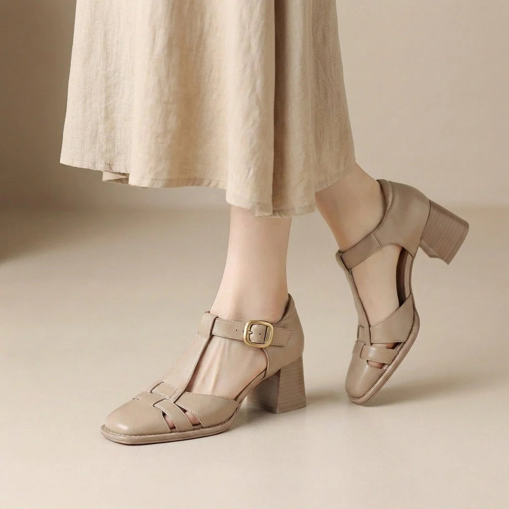 Victoria | Sandalias de Tacón Grueso T-Strap Mujer Hebilla