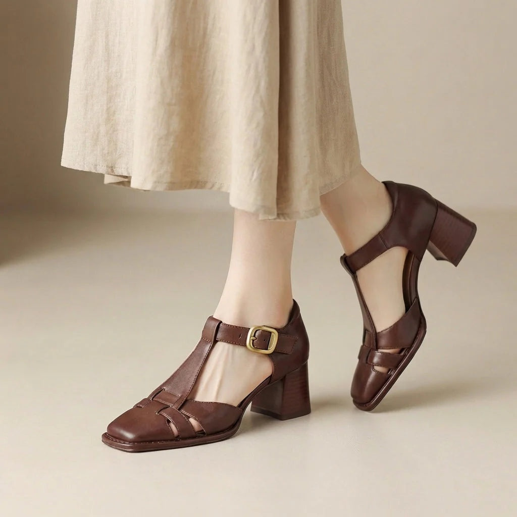 Victoria | Sandalias de Tacón Grueso T-Strap Mujer Hebilla
