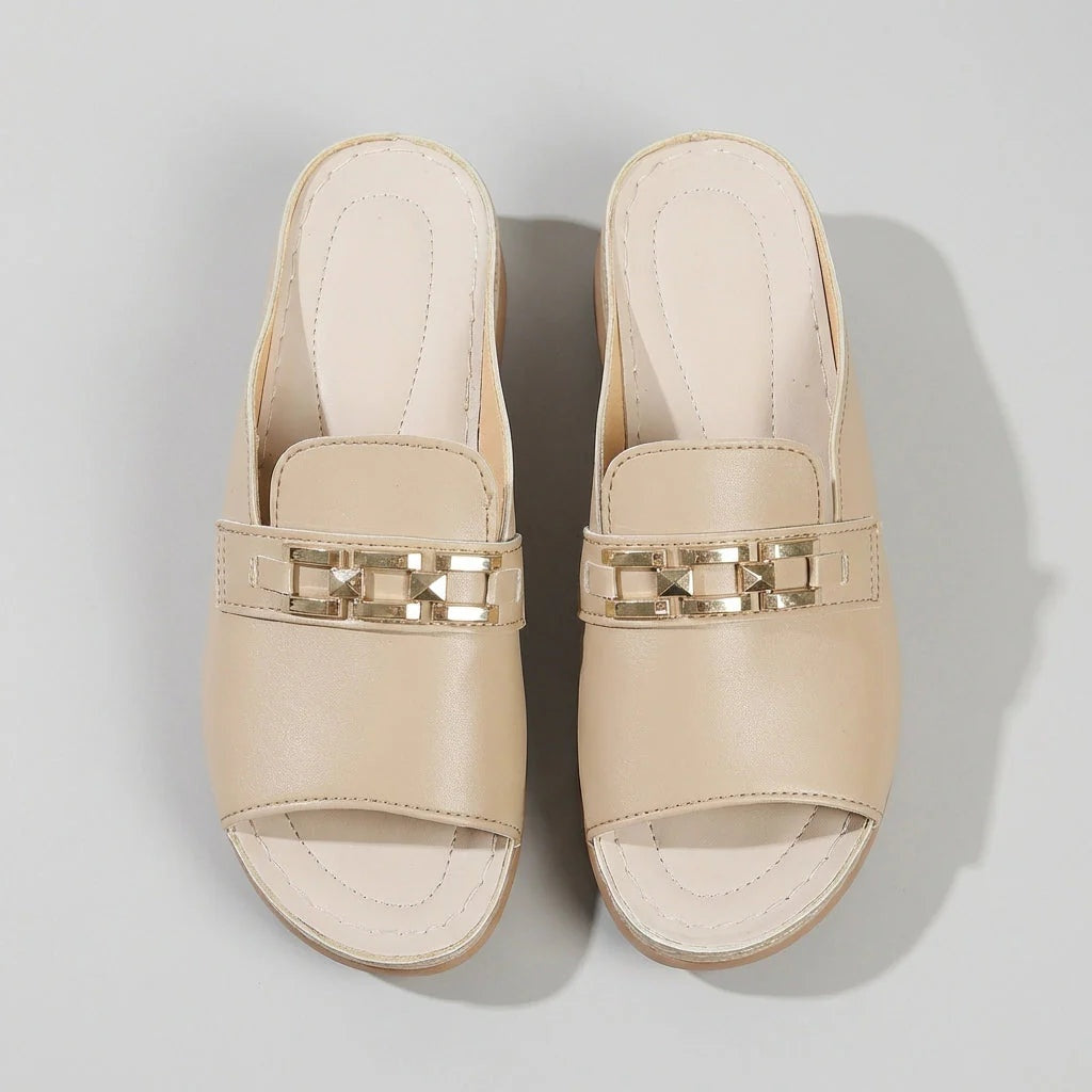 Leticia | Sandalias Planas Hebilla Dorada Mujer Tipo Zueco